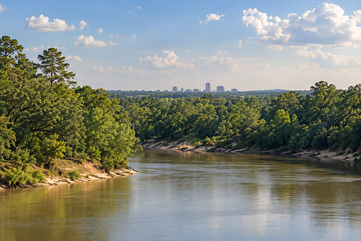 Downtown Jackson skyline beyond the Pearl River, with Central Mississippi oaks and pines along the bank