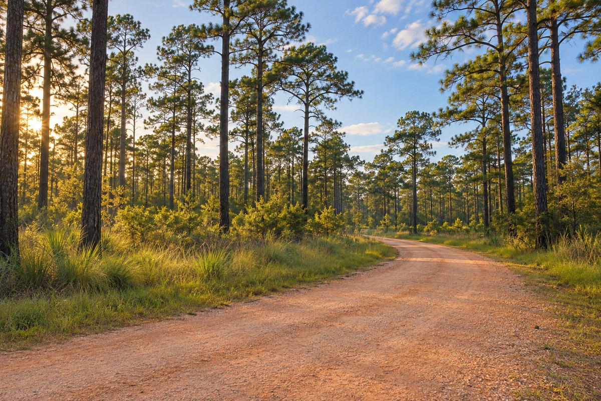 Tall longleaf pines beside a gravel road through the Pine Belt near Hattiesburg, Mississippi
