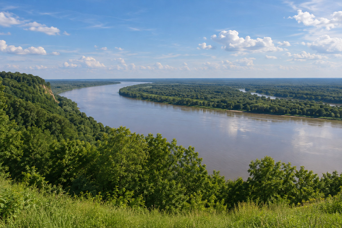Wide view of the Mississippi River from a wooded bluff near Natchez in Southwest Mississippi